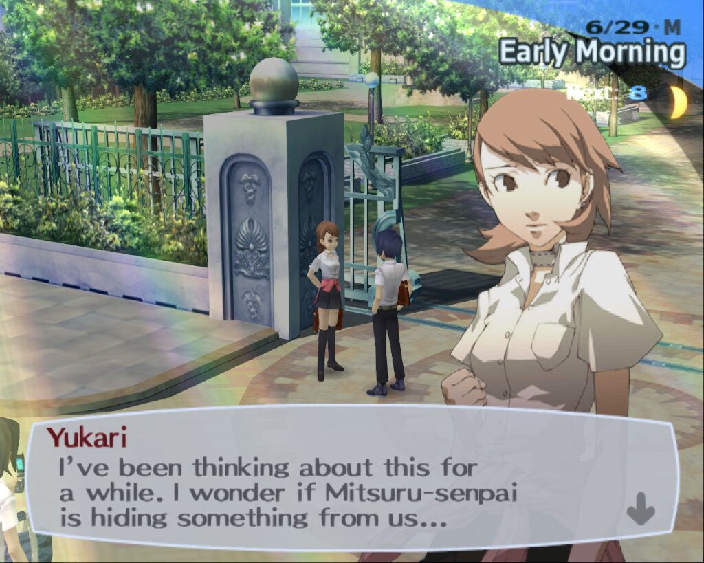 At the gates of Gekkoukan High School, Yukari talkes about Mitsuru, in Persona 3