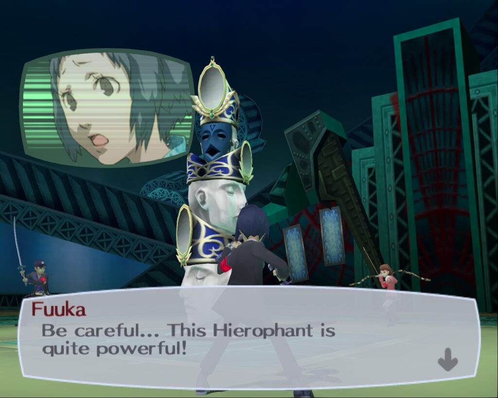 Fighting the Fanatic Tower, the Hierophant miniboss, while Fuuka warns you, in Persona 3