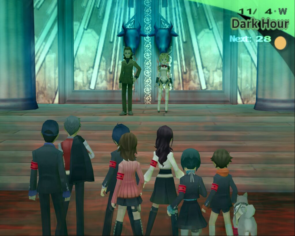 The party of Persona 3 stand in front of Tartarus where Aigis and Ikutsuki stand