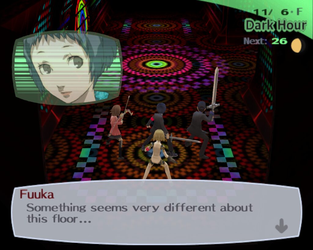 Fuuka talks to the party in the Harabah Block of Tartarus in Persona 3