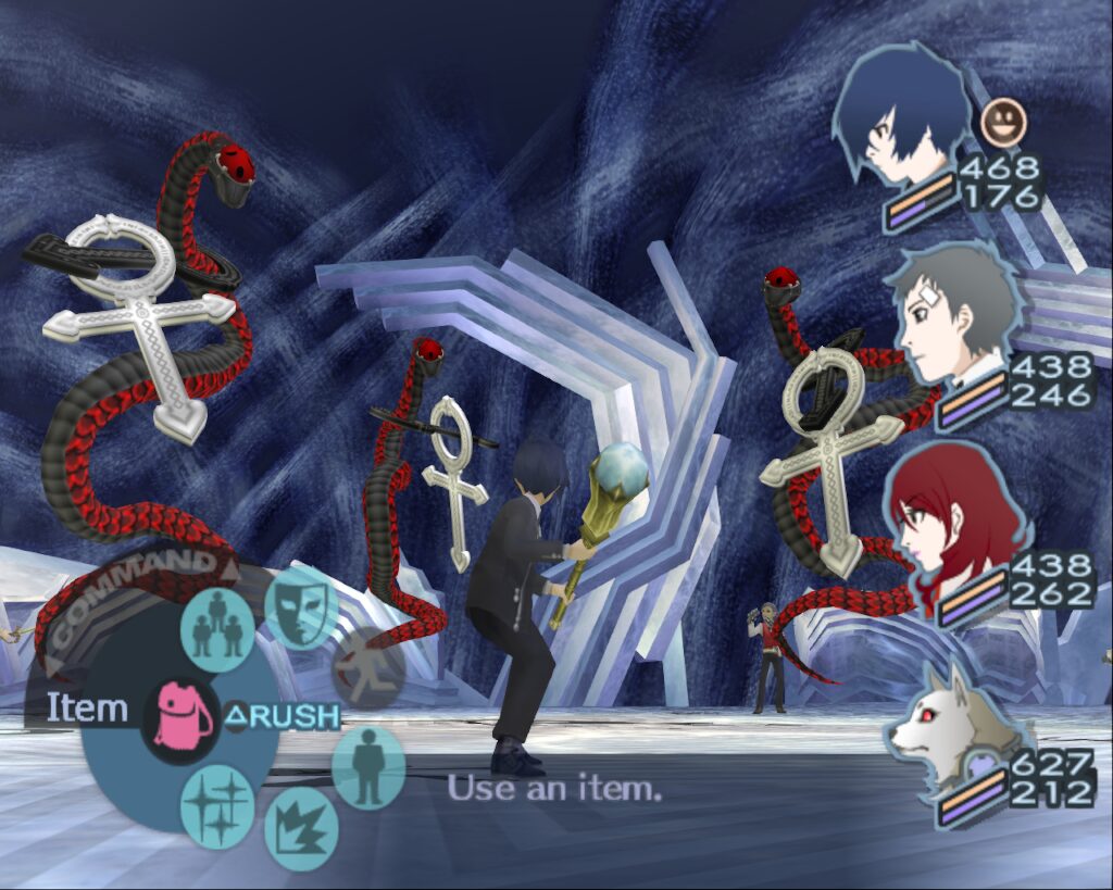 Fighting Carnal Snakes in Tartarus, within the Adamah Block, in Persona 3. Battle Screen.