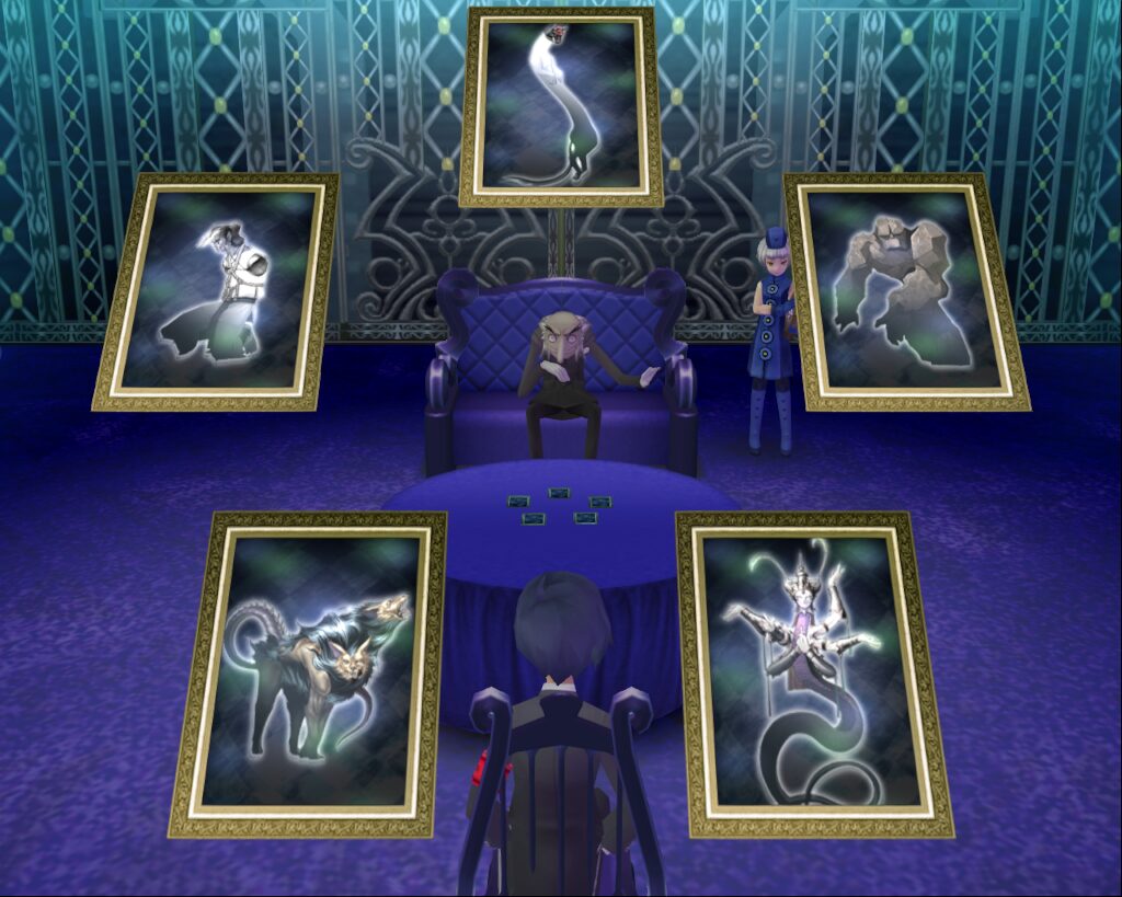 A pentagon spread (five-demon fusion) with Inugami, Take-Minakata, Orthrus, Vasuki, Ubelluris performed by Igor in the Velvet Room of Persona 3