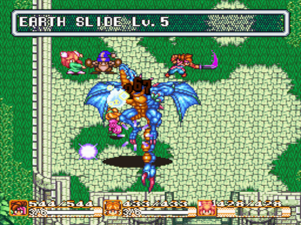 Boss battle against dragon in Secret of Mana screenshot