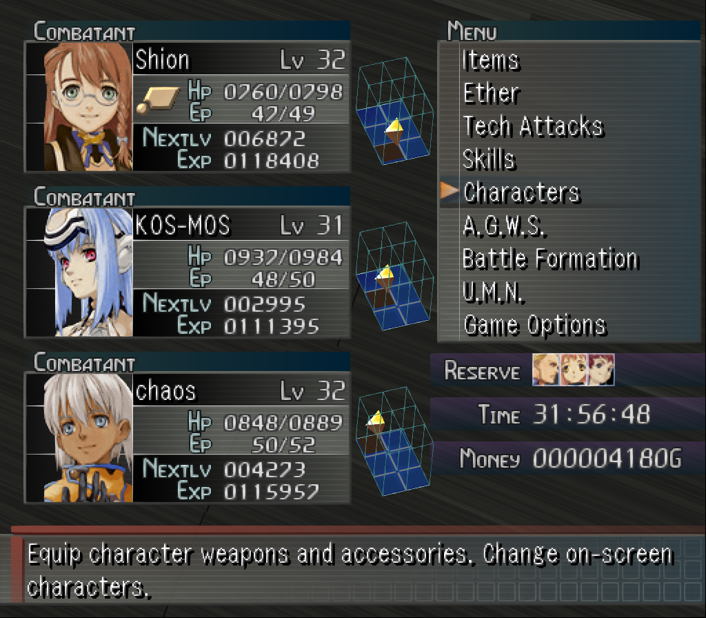 The menu screen of Xenosaga Episode 1, showing characters Shion, KOS-MOS and Chaos