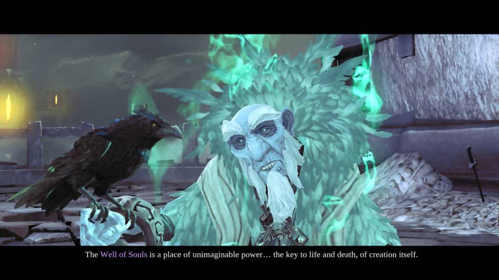 The crowfather talks in a Darksiders 2 screenshot