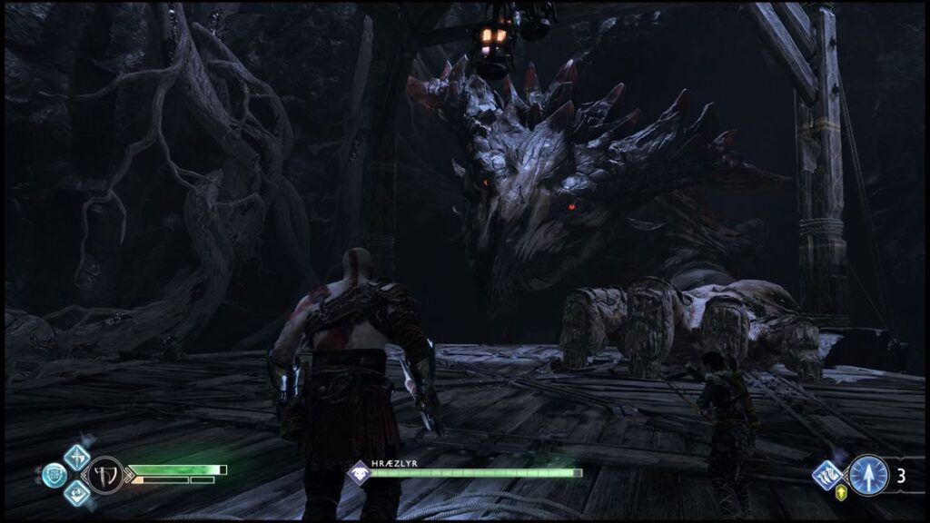 Kratos fights a dragon in a God of War 2018 screenshot 