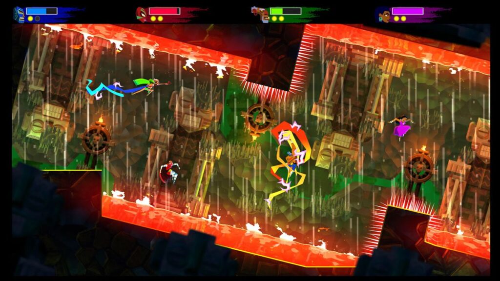 Four players in a spiky room in Guacamelee 2 co-op