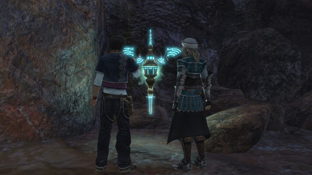The Last Remnant screenshot with Rush and Emma opening a treasure chest