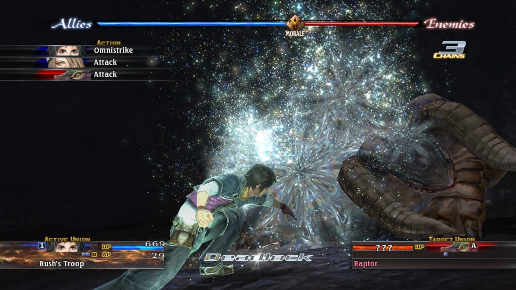 Battle screenshot from The Last Remnant showing an omnistrike attack