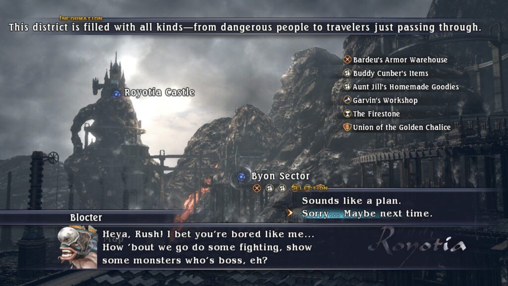 Screenshot of Blocter talking at Royotia in The Last Remnant game