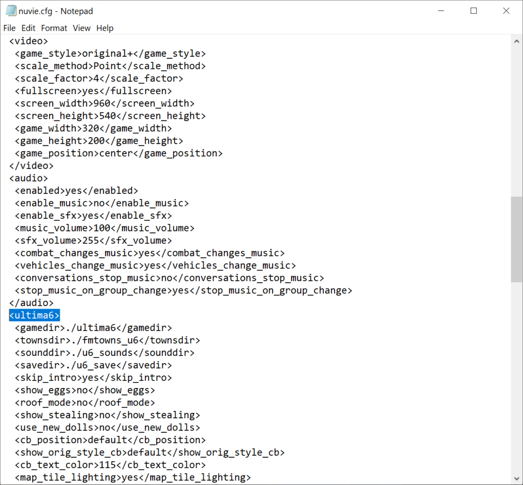 The Nuvie config file in Notepad