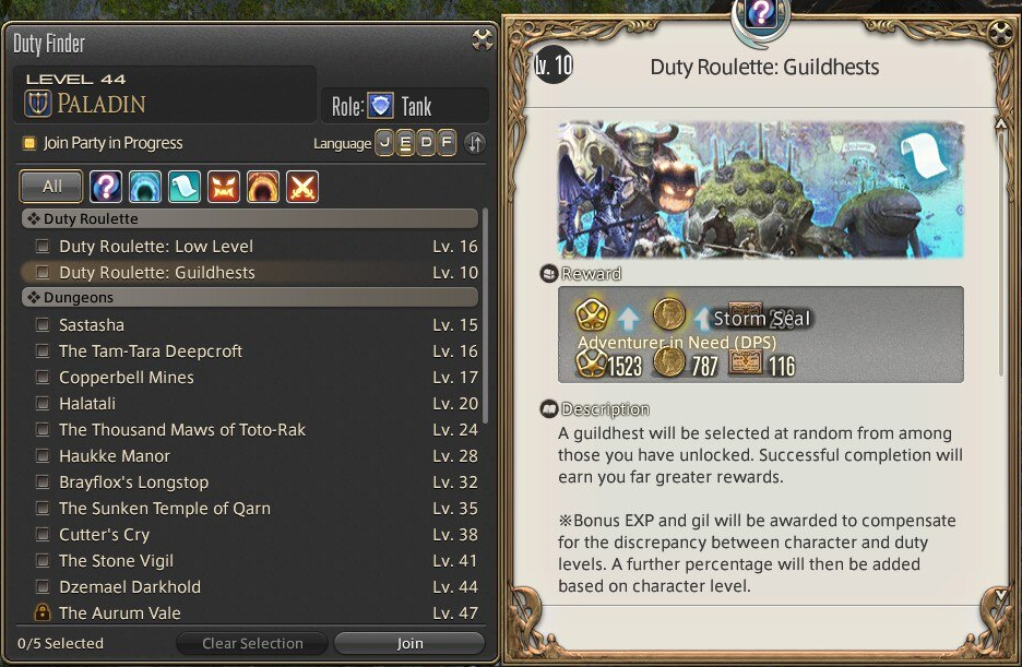 The duty finder window in Final Fantasy XIV